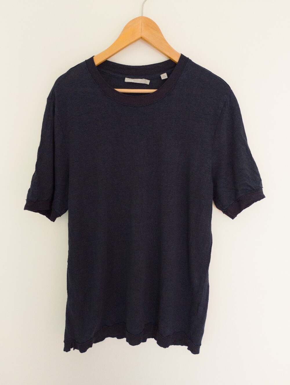 Vince Mens 100% Linen Short Sleeve Crewneck T-Shirt Navy Blue XL Relaxed Fit